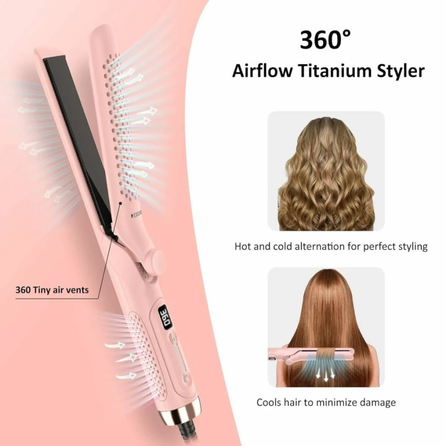 MESCOMB 360 Airflow Styler - 1.25 Inch Curling Iron & Hair Straightener 2-in-1, Vented Cool Air Technology, Dual Voltage for Travel, Long Lasting Curls & Smooth Styles
