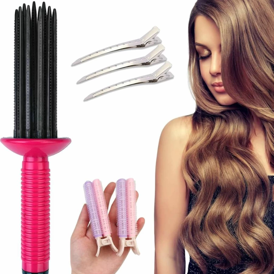 FWUNYVN Curling Roll Comb for Voluminous Curls & Fluffy Bangs - Hair Styling Tool with 2 Bang Clips & 3 Seamless Root Clips for Traceless Hold