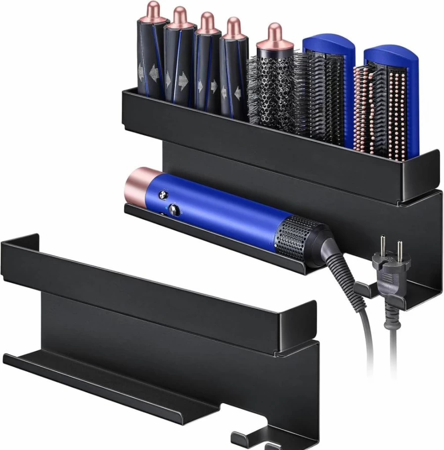 XILIMEN Wall Mount Hair Tool Organizer - 7-in-1 Adhesive Holder for Curling Irons, Straighteners & Hair Dryers, Black Storage Solution