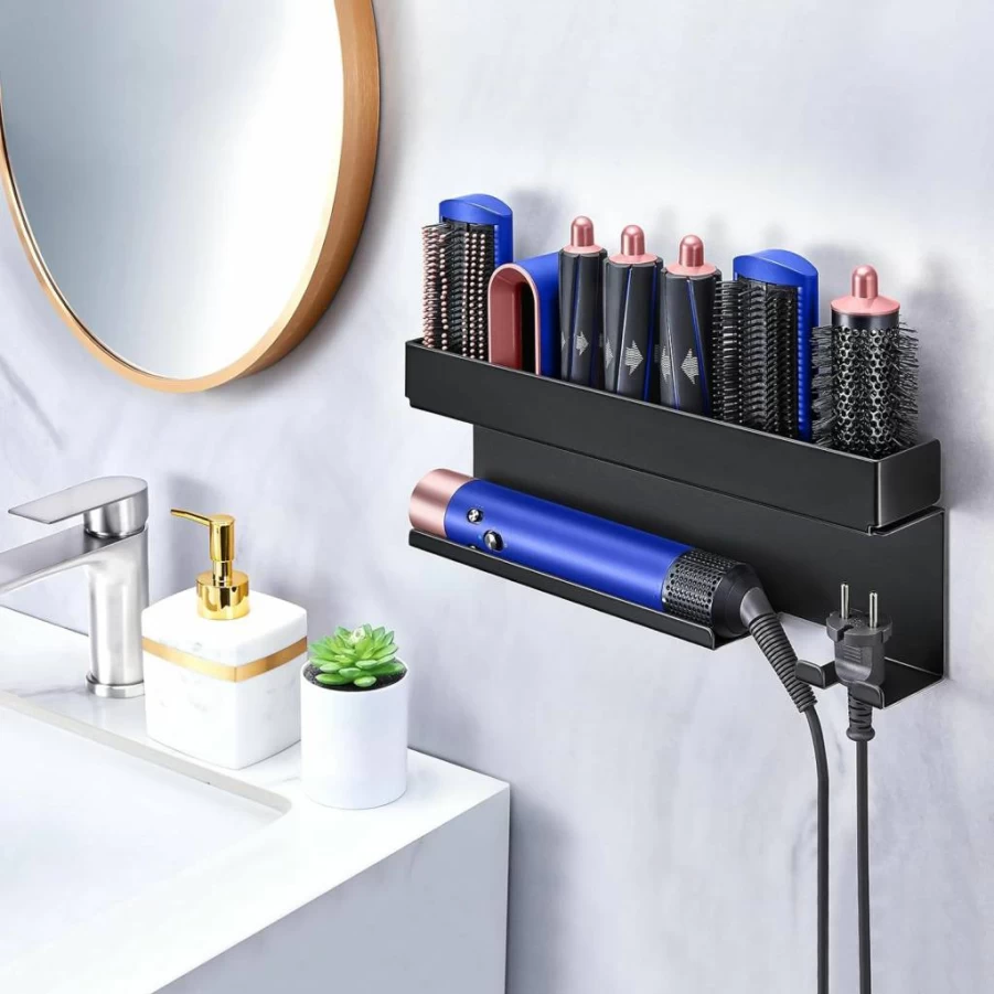 XILIMEN Wall Mount Hair Tool Organizer - 7-in-1 Adhesive Holder for Curling Irons, Straighteners & Hair Dryers, Black Storage Solution
