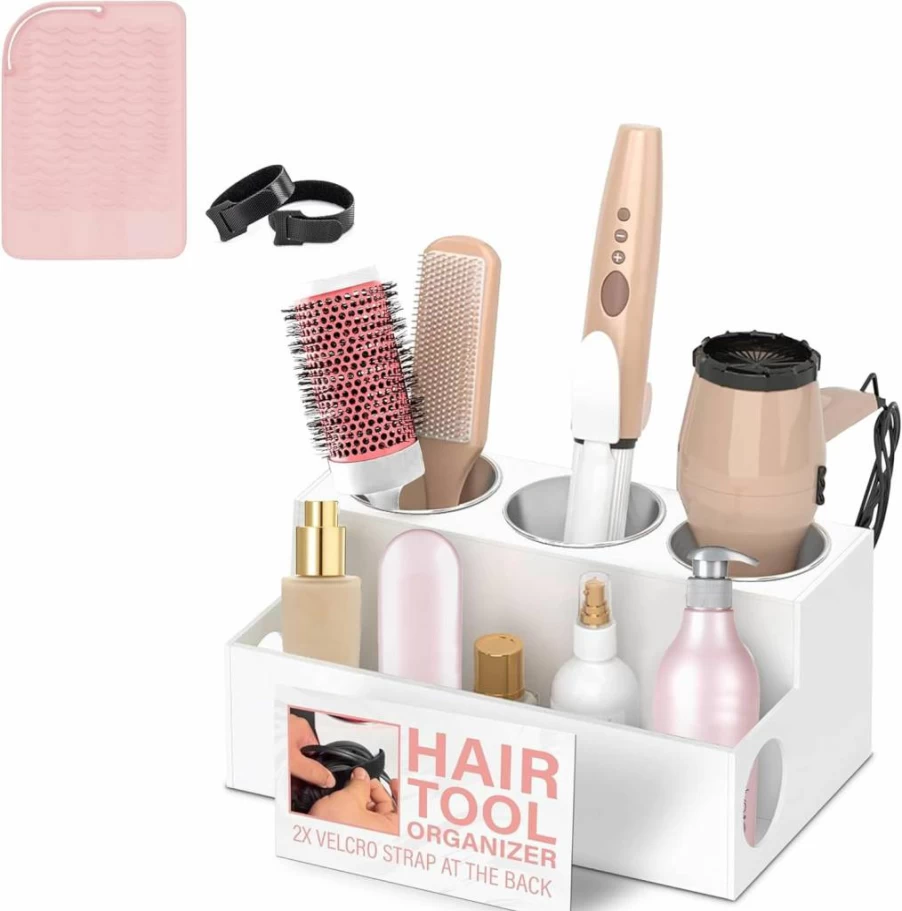Casavita Heat Resistant Hair Tool Organizer for Blow Dryers, Curling Irons & Flat Irons - White Bathroom Countertop Holder for Makeup and Toiletries