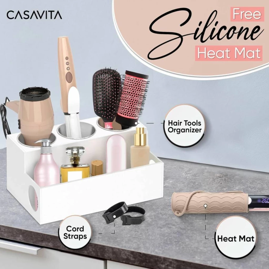 Casavita Heat Resistant Hair Tool Organizer for Blow Dryers, Curling Irons & Flat Irons - White Bathroom Countertop Holder for Makeup and Toiletries