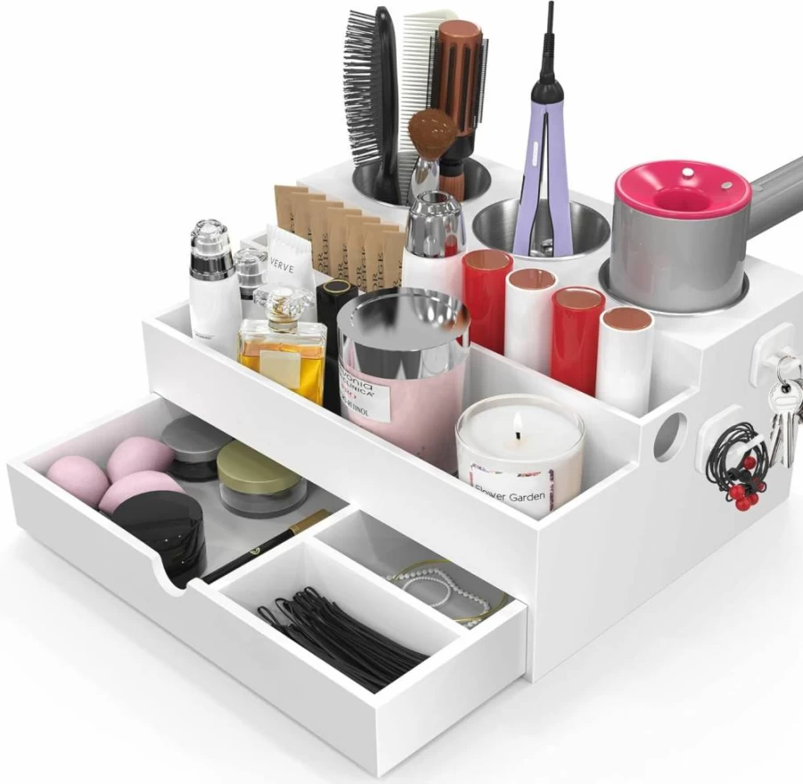 QooWare Wooden Hair Tool Organizer with Drawer & 3 Stainless Steel Cups - Bathroom Vanity Storage for Hair Dryers, Styling Tools, Brushes & Cosmetics, White