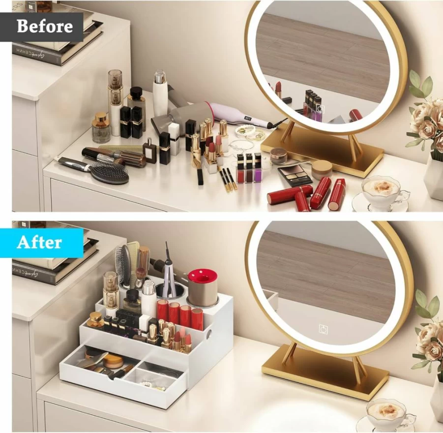 QooWare Wooden Hair Tool Organizer with Drawer & 3 Stainless Steel Cups - Bathroom Vanity Storage for Hair Dryers, Styling Tools, Brushes & Cosmetics, White