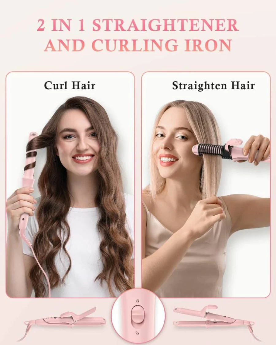 IKV 2-in-1 Dual Voltage (100-120V) Travel Curling Iron & Hair Straightener - 1 Inch Barrel for Short to Shoulder Length Hair