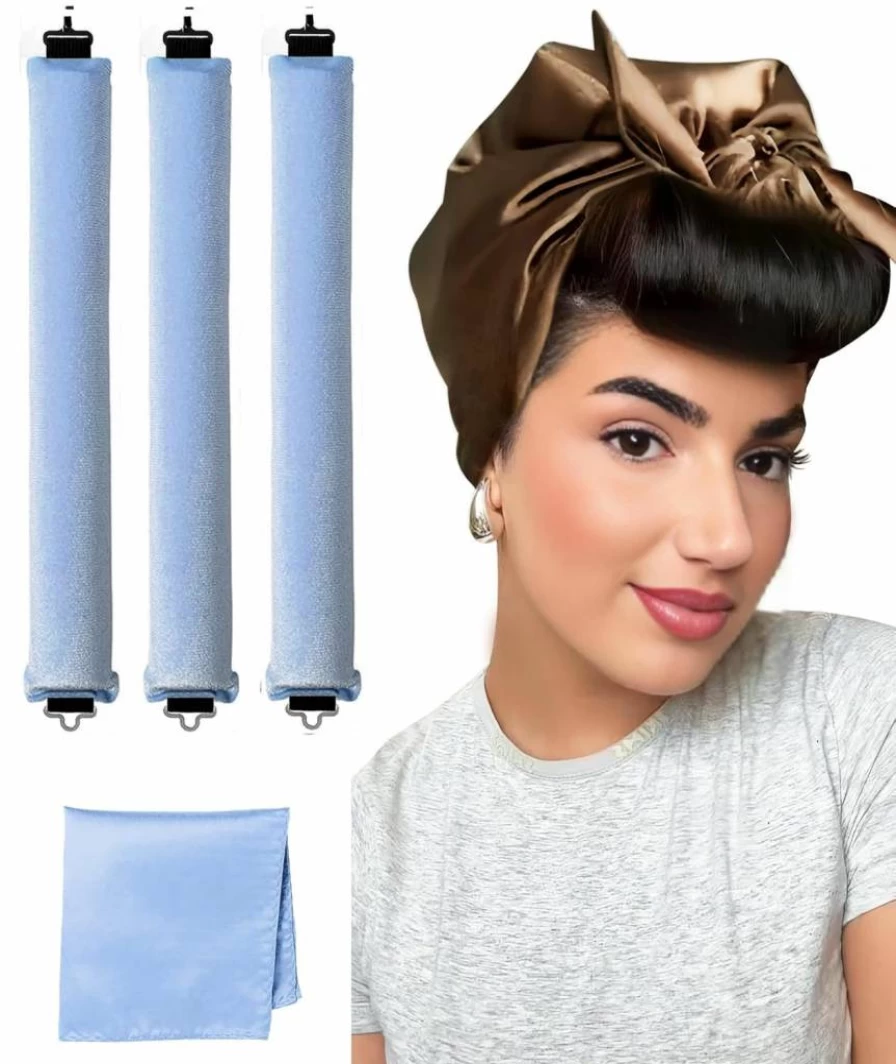 YOSHUYUKI Heatless Hair Curler Set - Velvet Overnight Curling Rods & Satin Foam Sponge Rollers for Long & Short Hair, No Heat Styling Tools for Sleep Care, Light Blue