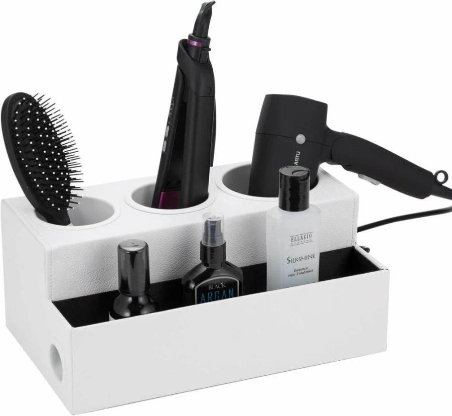 J JACKCUBE DESIGN Hair Dryer Holder - White Bathroom Countertop Organizer with 3 Holes for Styling Tools & Accessories Storage | Model MK154D