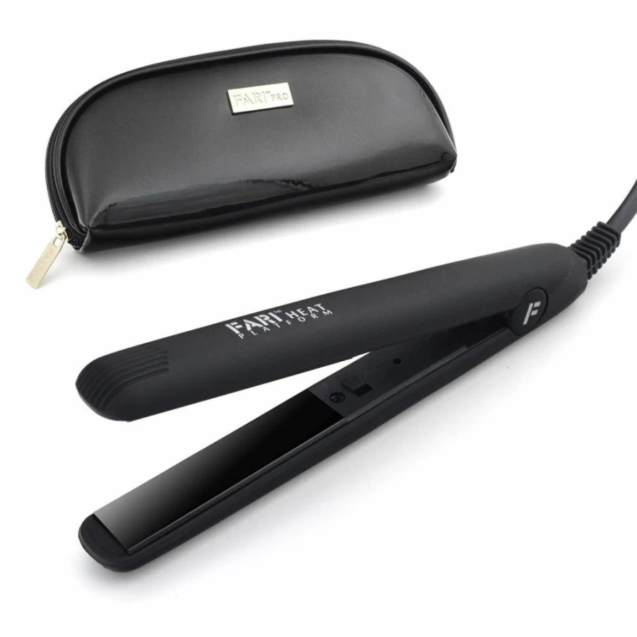 FARI Mini Ceramic Tourmaline Hair Straightener - 1/2 Inch Dual Voltage Travel Iron with Pouch, 400F Adjustable Temperature for Worldwide Use (Black)