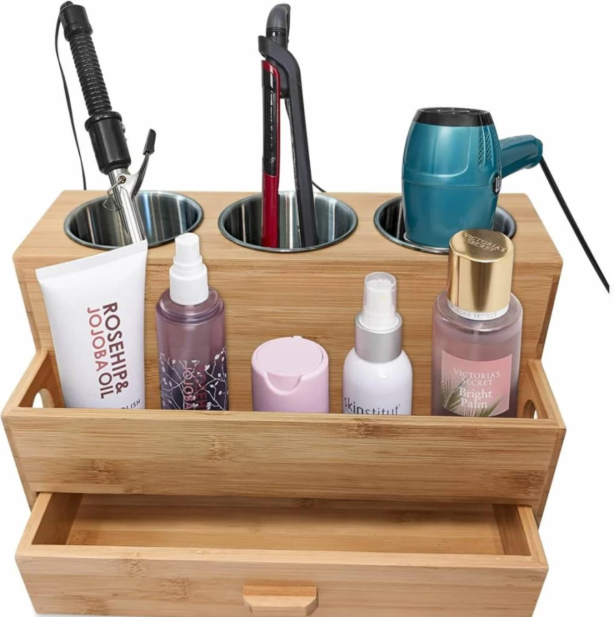 Harzen Brothers Bamboo Hair Tool Organizer - Blow Dryer Holder & Vanity Caddy for Bathroom Countertop, Makeup, Toiletries Storage Stand