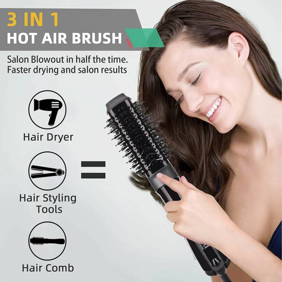 JINRI 3-in-1 Ionic Ceramic Hair Brush: Straighten, Curl & Volumize with Hot Air Styler for All Hair Types