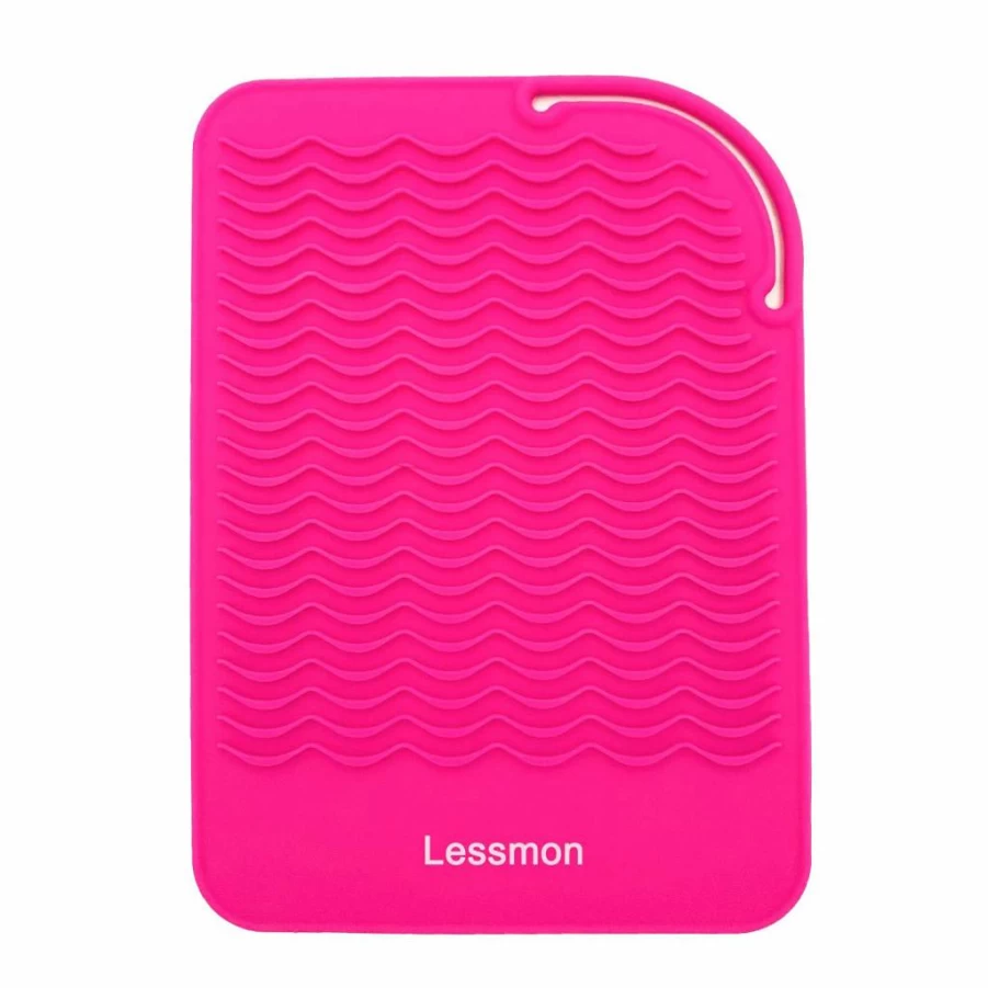 Heat Resistant Travel Mat for Curling Iron & Straightener - 9"x6.5" Pink Counter Protector with Glove | Lessmon Hair Styling Tool Accessory