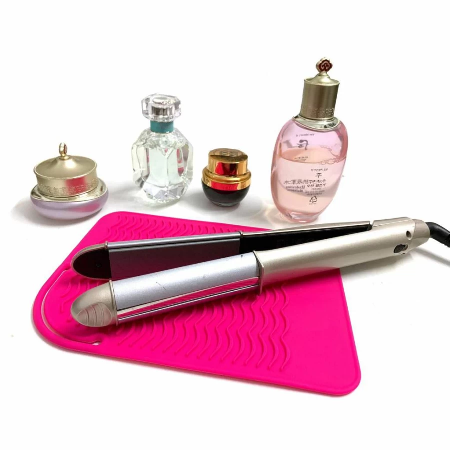 Heat Resistant Travel Mat for Curling Iron & Straightener - 9"x6.5" Pink Counter Protector with Glove | Lessmon Hair Styling Tool Accessory