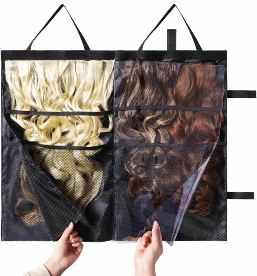 JCWPVA Portable Wig Storage Bag - 2-Sided Travel Hanger for Hair Extensions, Lightweight Foldable Design with PVC Film & Fine Lining to Prevent Frizz (Black)