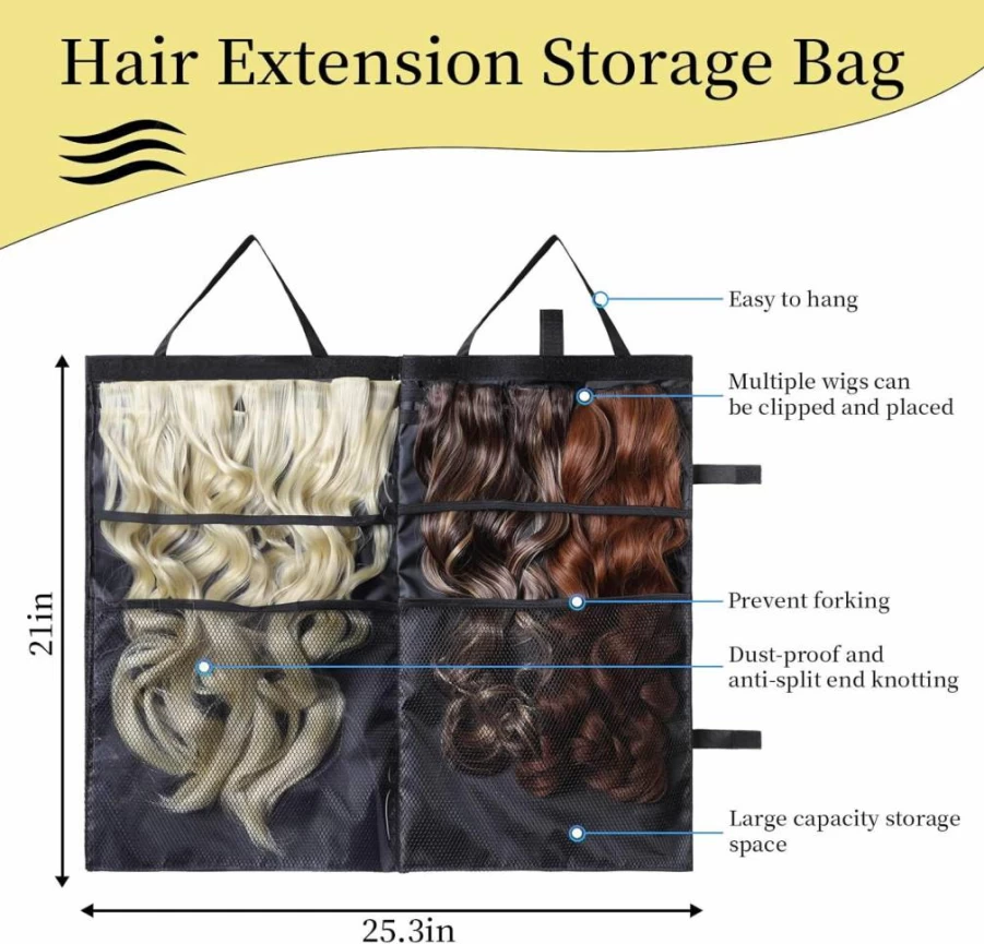 JCWPVA Portable Wig Storage Bag - 2-Sided Travel Hanger for Hair Extensions, Lightweight Foldable Design with PVC Film & Fine Lining to Prevent Frizz (Black)