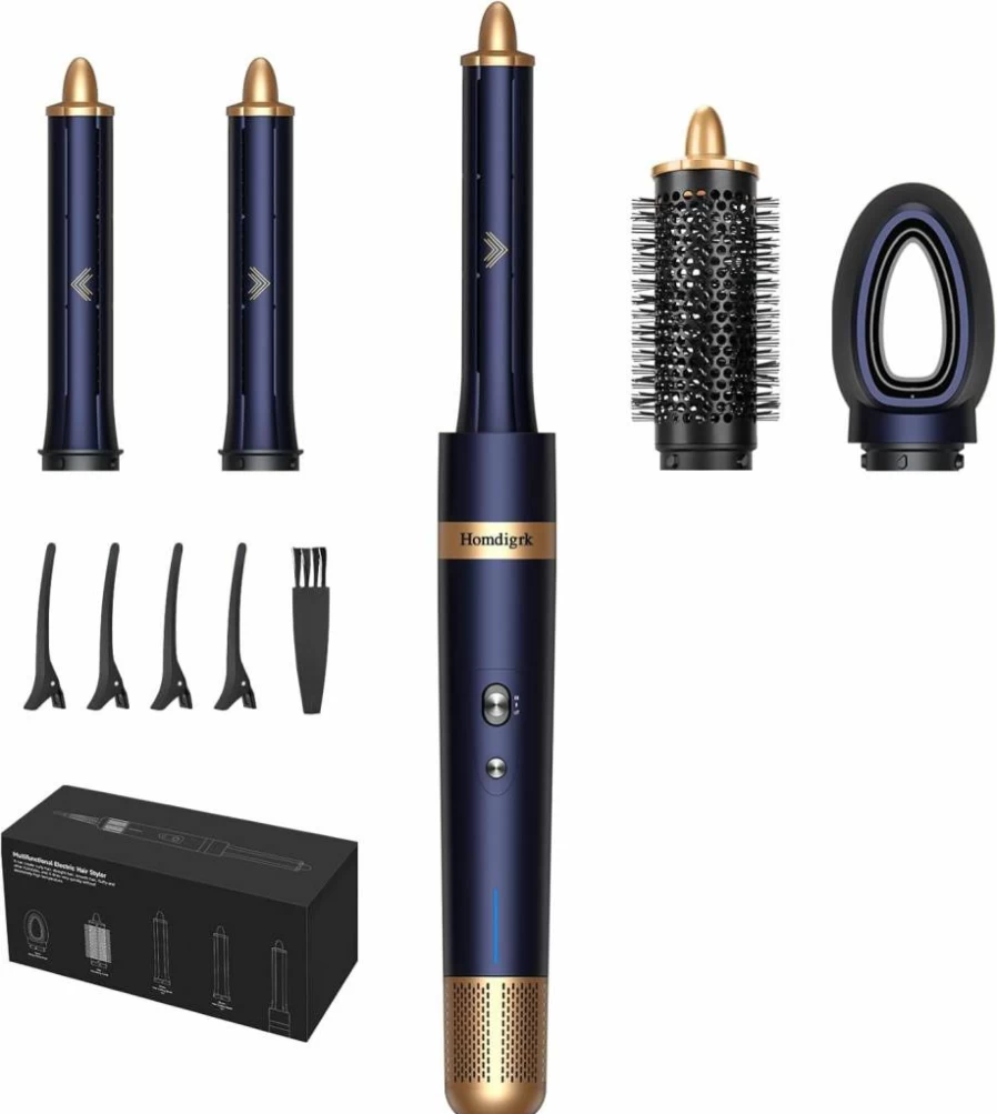 Homdigrk 6-in-1 Hair Dryer Brush & Curling Iron Set - Professional Blowout Tool for Fast Drying, Smoothing, Volumizing with Travel Case, No Heat Damage, Prussian Blue