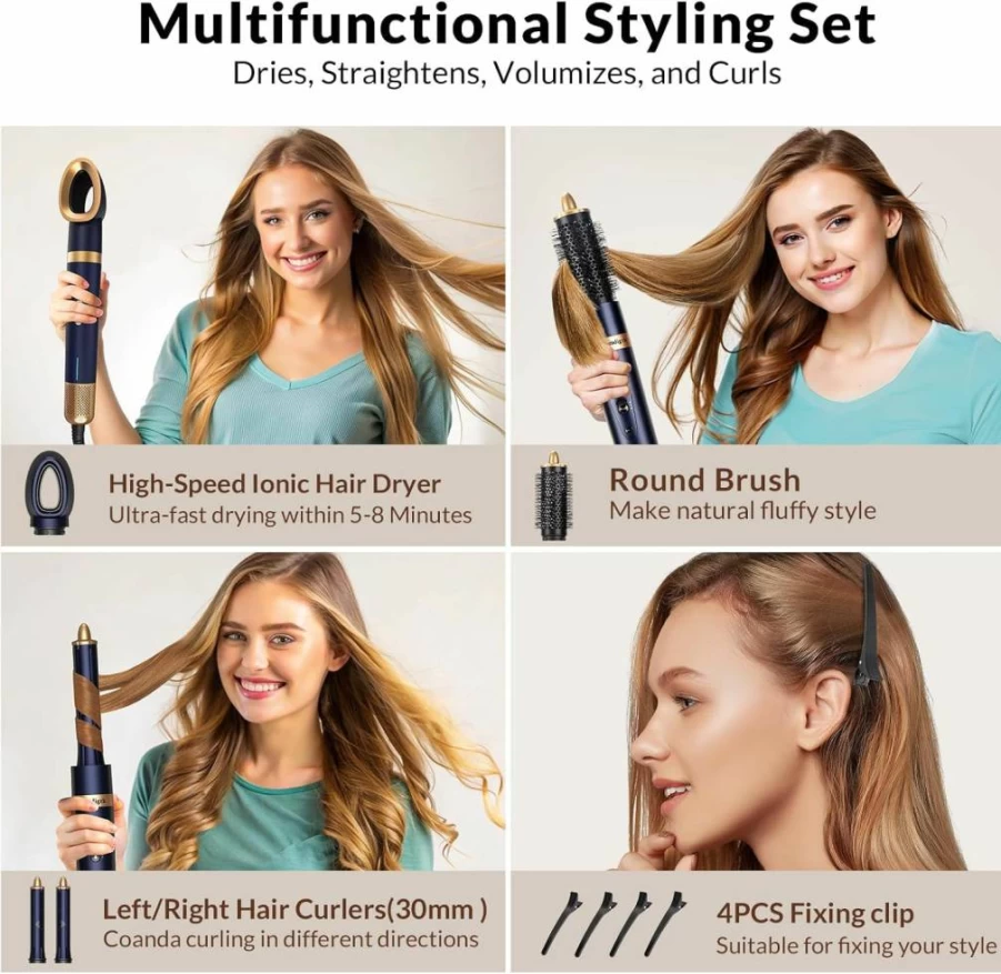 Homdigrk 6-in-1 Hair Dryer Brush & Curling Iron Set - Professional Blowout Tool for Fast Drying, Smoothing, Volumizing with Travel Case, No Heat Damage, Prussian Blue
