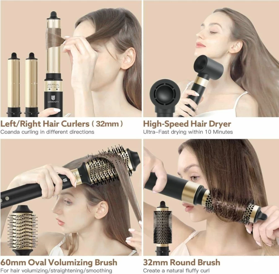Webeauty 5-in-1 Professional Hair Dryer Brush with Negative Ion Technology, Fast Drying Styler for Volumizing & Air Curling, Includes Carrying Case (Grey Gold)