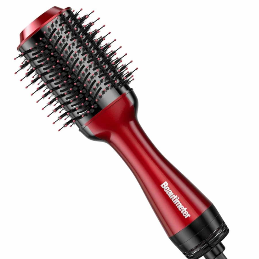 Beautimeter 4-in-1 Hot Air Brush Hair Dryer & Styler with Negative Ion Technology for Frizz-Free Smooth Hair - Oval Barrel Volumizer (Black & Gold)