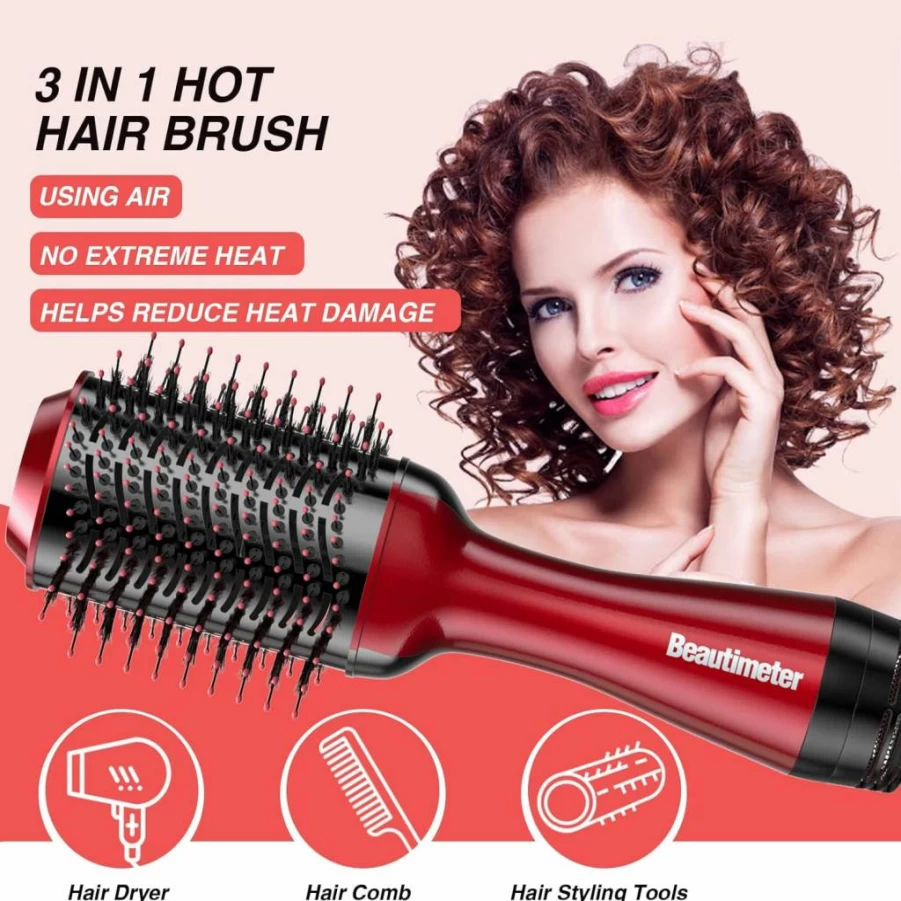 Beautimeter 4-in-1 Hot Air Brush Hair Dryer & Styler with Negative Ion Technology for Frizz-Free Smooth Hair - Oval Barrel Volumizer (Black & Gold)