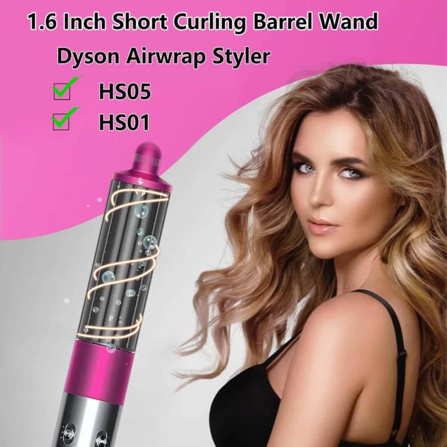 Moupaa 1.6 Inch/40mm Short Barrel Curling Wand for Dyson Airwrap HS05/HS01, Professional Hair Styler Accessories, Pink Hair Curler for Voluminous Waves