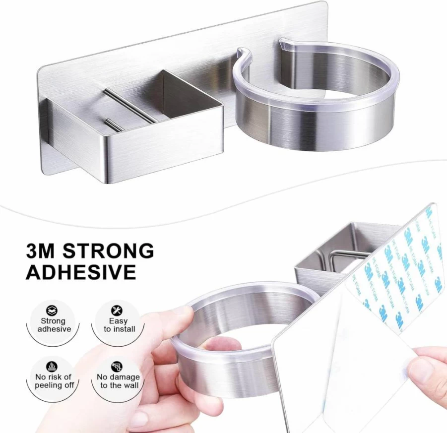 WAYASI Wall Mount Hair Dryer Holder - Stainless Steel Adhesive Organizer for Blow Dryer, Straightener & Curling Iron - Bathroom, Barber Shop & Hotel Storage Solution