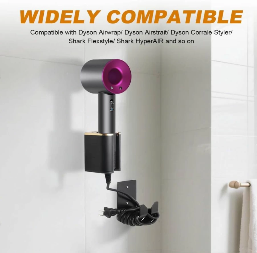 GreeSuit Universal Wall Mount Holder for Dyson Airstrait, Airwrap, Corrale & Shark Flexstyle – Hair Dryer and Curling Iron Organizer Rack for Bathroom Vanity