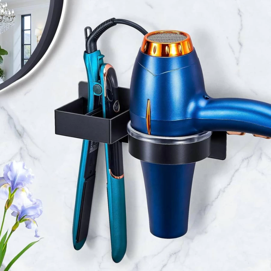 YAYINLI Wall Mounted Hair Straightener & Blow Dryer Holder - Stainless Steel Bathroom Organizer for Hair Tools, Curling Iron & Salon Dryer Storage, Black