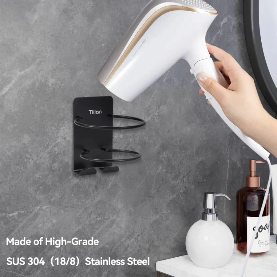 Tiilan SUS 304 Stainless Steel Wall Mount Hair Dryer Holder - Self Adhesive Blow Dryer Organizer for Bathroom, Silver