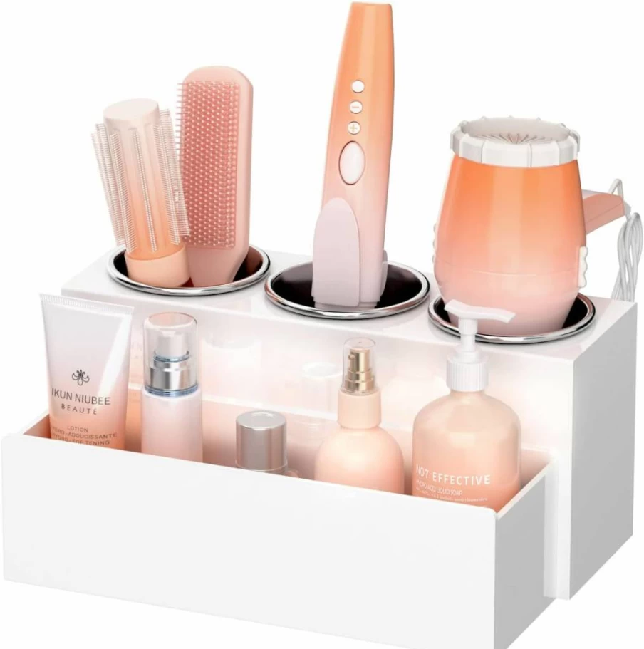 NIUBEE Acrylic Hair Tool Organizer - Bathroom Countertop Holder for Hair Dryer, Styling Tools, Makeup & Toiletries, Clear Vanity Storage Stand