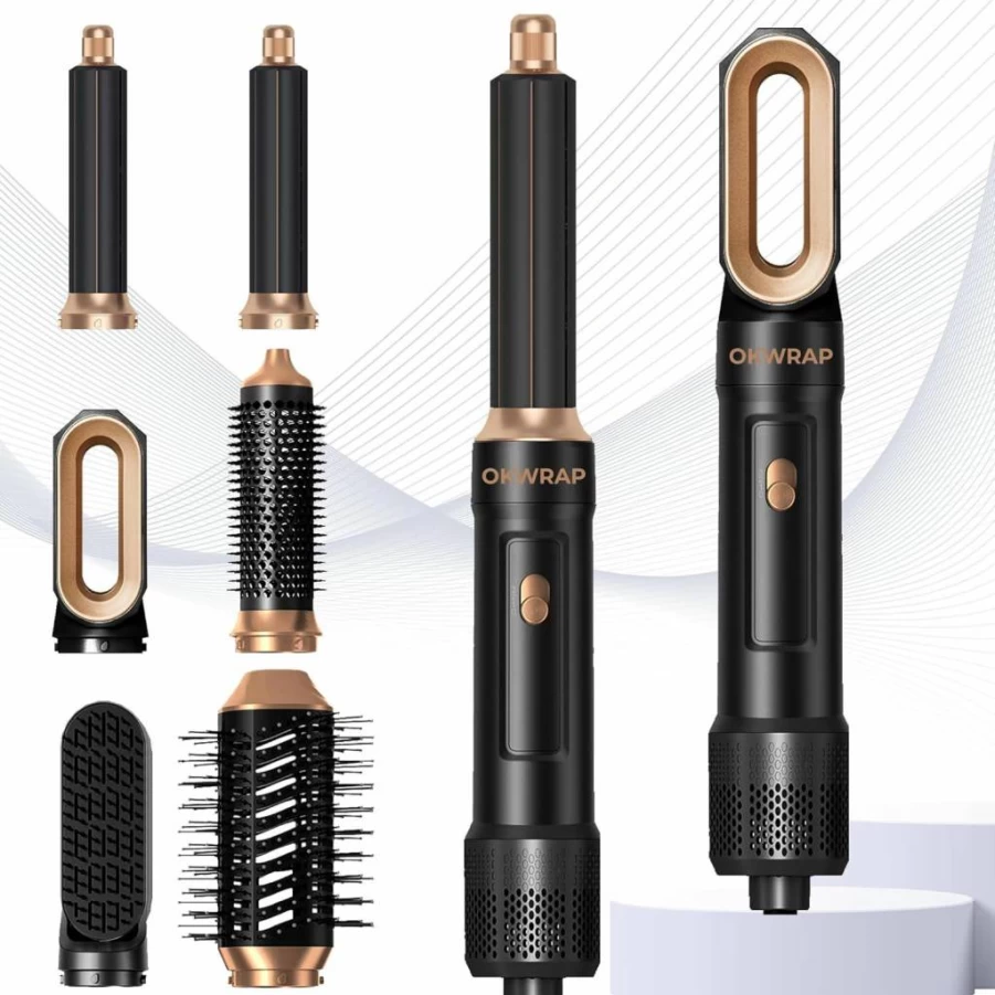 OKWRAP 6-in-1 Ionic Hair Dryer Brush & Curling Iron, 1000W Blowout Styler for Women, Air Styler Round Brush for Frizz-Free Blowouts & Salon Curls