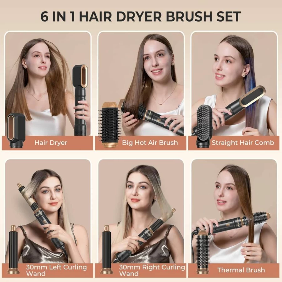 OKWRAP 6-in-1 Ionic Hair Dryer Brush & Curling Iron, 1000W Blowout Styler for Women, Air Styler Round Brush for Frizz-Free Blowouts & Salon Curls