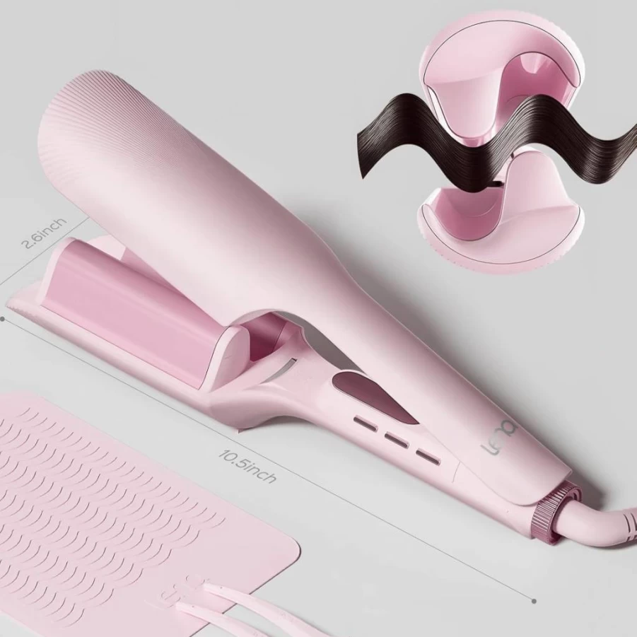 LENA S17S Titanium Crimper Waver for Short Hair, Fast Heating Adjustable Temperature, Anti-Scald Design with Auto Shut-Off & Negative Ions, Pink Compact Styler