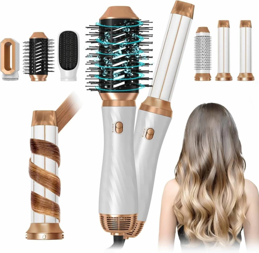 Trylater 6-in-1 Detachable Hair Dryer Brush with Negative Ion Technology, Blow Dry Styler for Curly Twist & Wrap Curling, Portable Travel Hot Air Styling Tool