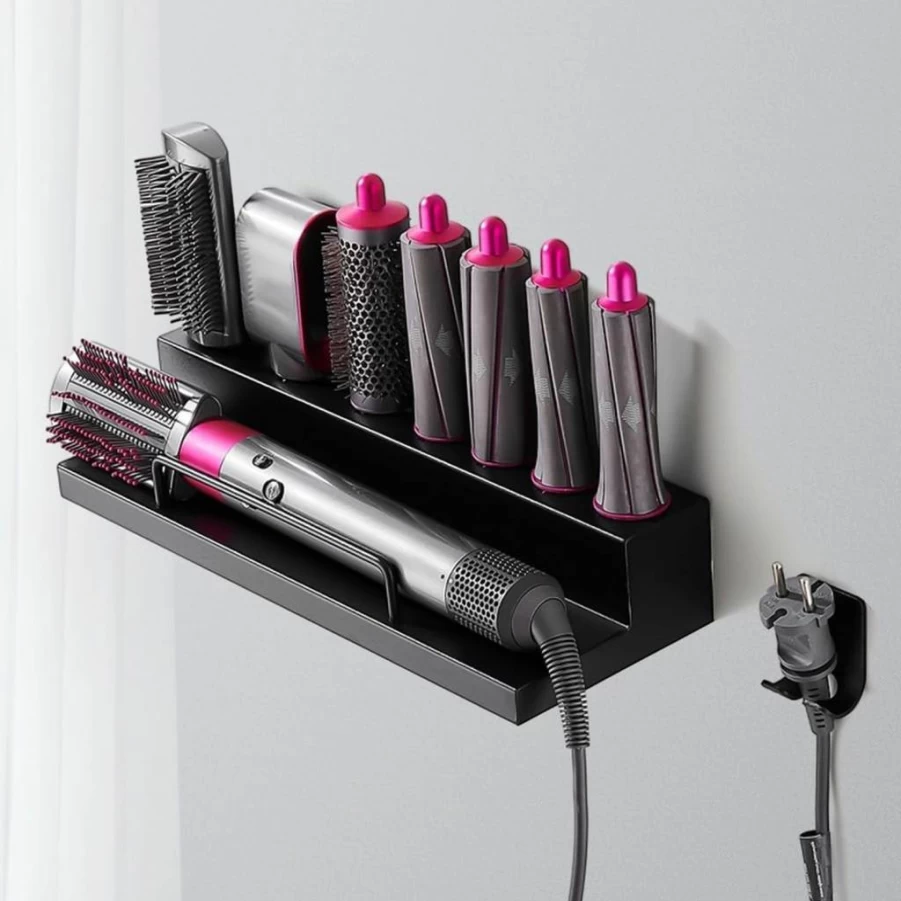 Wall-Mounted Hair Dryer Holder with Hook - Bathroom & Bedroom Storage Shelf for Curling Iron, Blow Dryer Organizer - Generic Brand