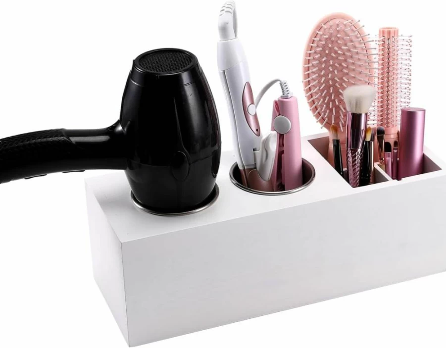 RAIKEDR Cedar Wood Blow Dryer Holder - Wall Mount & Countertop Hair Tool Organizer for Bathroom, Cabinet Door Storage with Curling Iron Stand (Log Color)