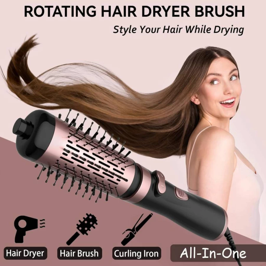 ANWA 1000W 3-in-1 Rotating Hair Dryer Brush with Ceramic Coated Barrel & Detachable Brushes for Salon-Quality Styling - All Hair Types