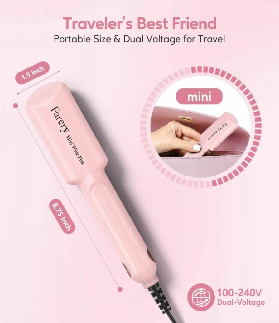 FARERY Portable Hair Straightener - 1.5 Inch Ceramic Flat Iron with Argan Oil & Keratin, Universal Voltage Travel Hair Styler for Short & Long Hair, Includes Storage Bag