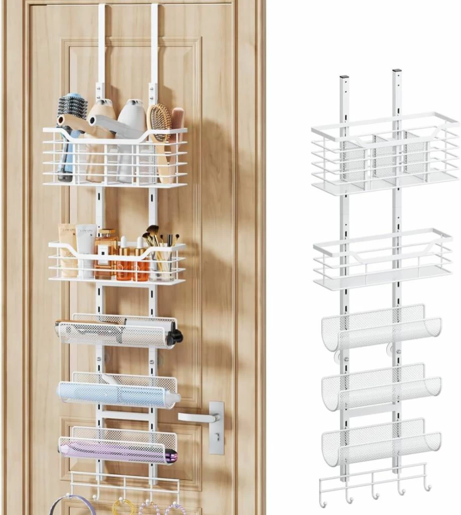 Consmest 6-Tier Over The Door Hair Tool Organizer - Adjustable Wall Mounted Holder for Hair Dryer, Curling Iron & Straightener, Black Bathroom Storage Shelf