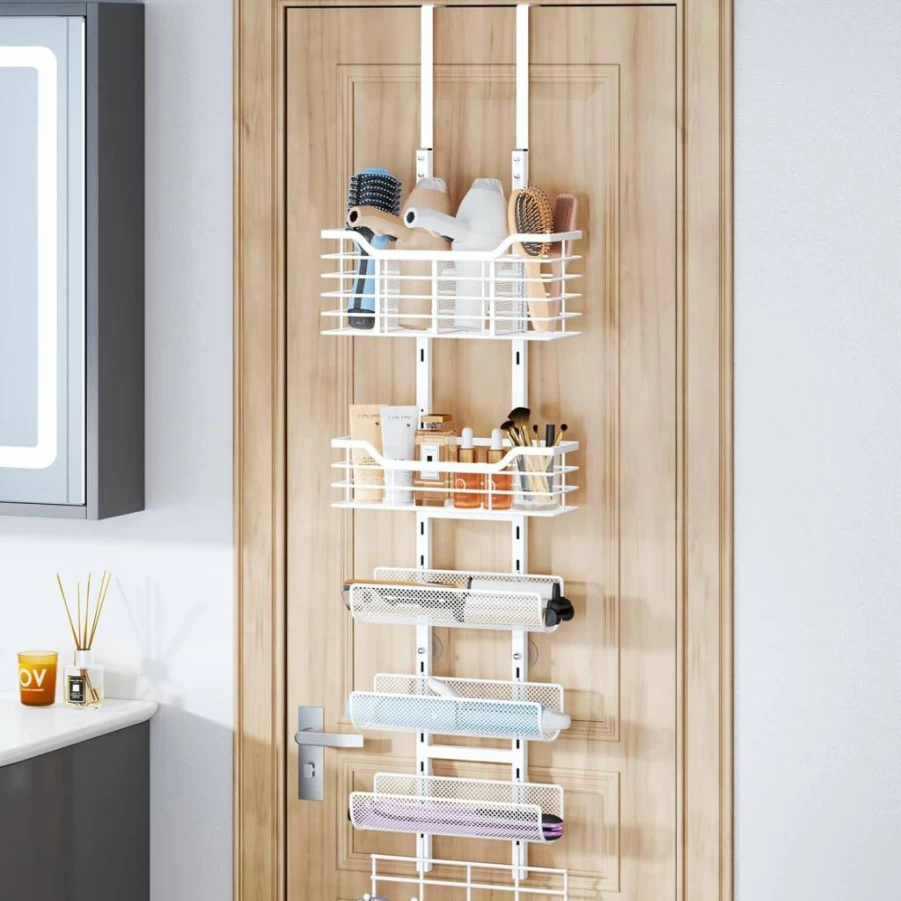 Consmest 6-Tier Over The Door Hair Tool Organizer - Adjustable Wall Mounted Holder for Hair Dryer, Curling Iron & Straightener, Black Bathroom Storage Shelf