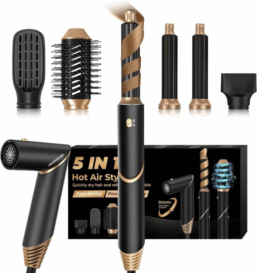 OKWRAP 5-in-1 Ionic Hair Dryer Brush with Detachable Attachments - Volumizing Blow Dryer, Straightener & Styler for Women