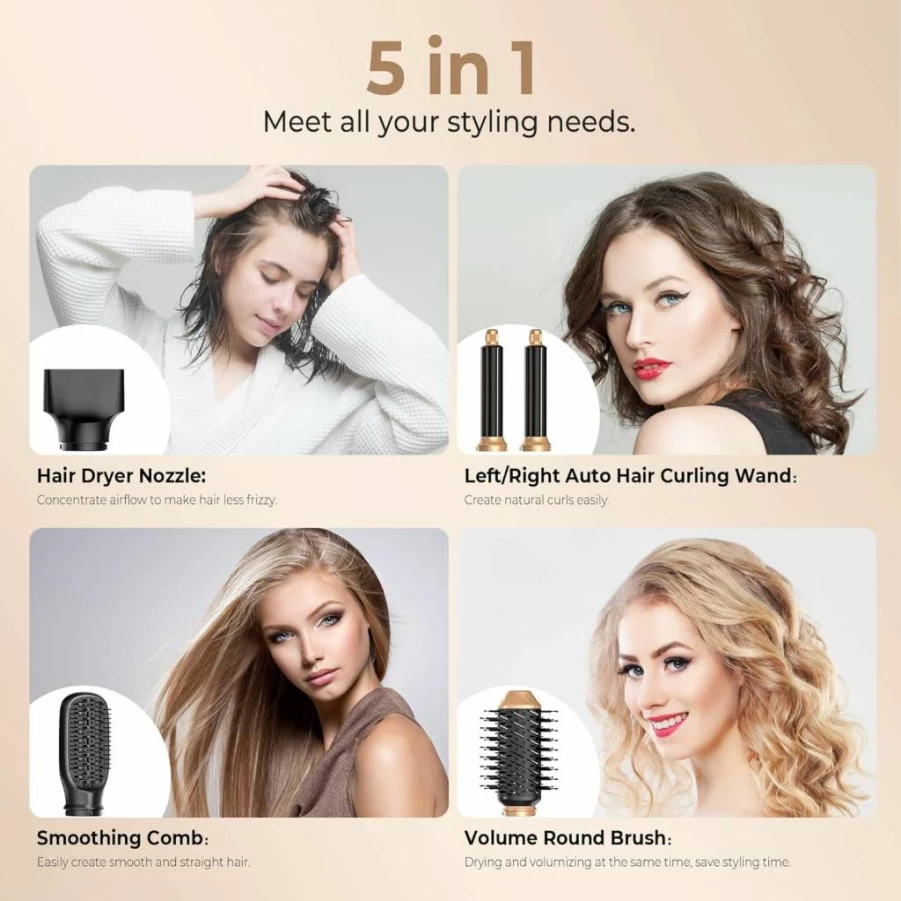 OKWRAP 5-in-1 Ionic Hair Dryer Brush with Detachable Attachments - Volumizing Blow Dryer, Straightener & Styler for Women