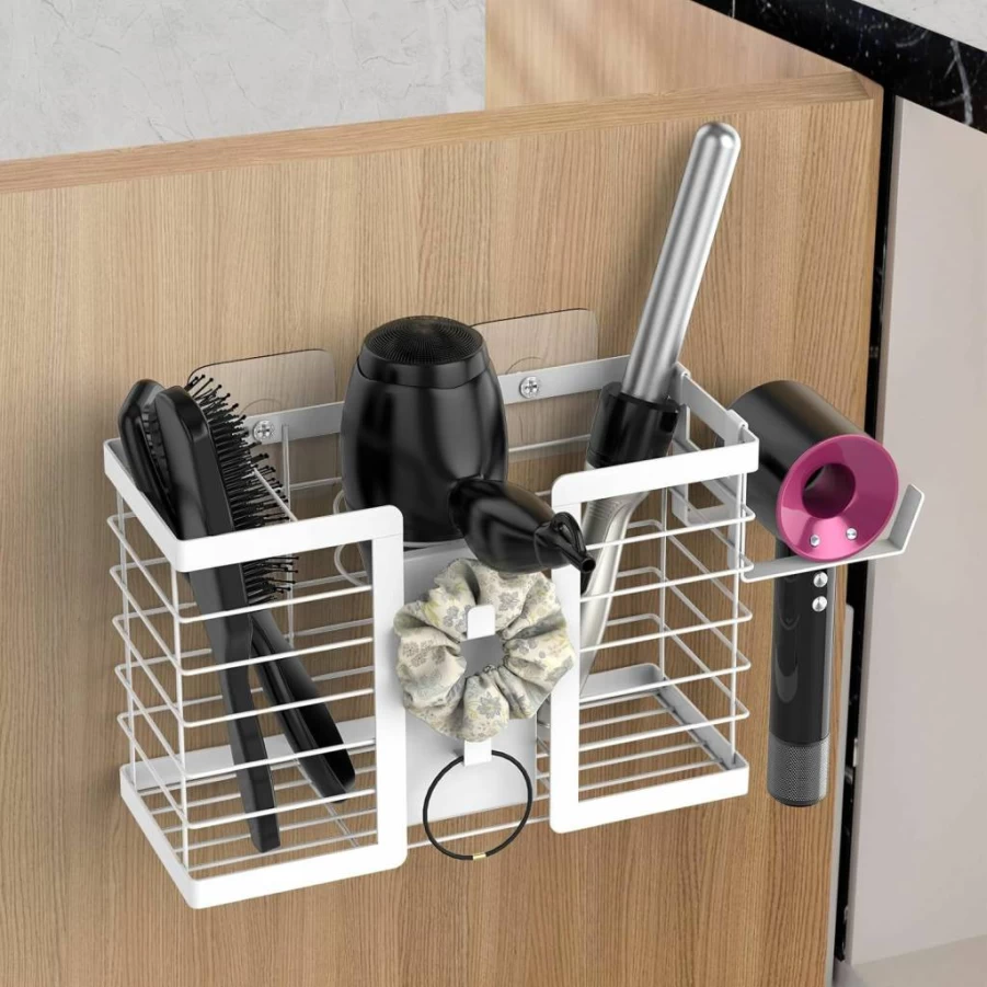 FUNKYLEE 3-in-1 Metal Wall Mount Hair Tool Organizer - Bathroom Storage Holder for Hair Dryer, Flat Iron & Curling Iron, Black