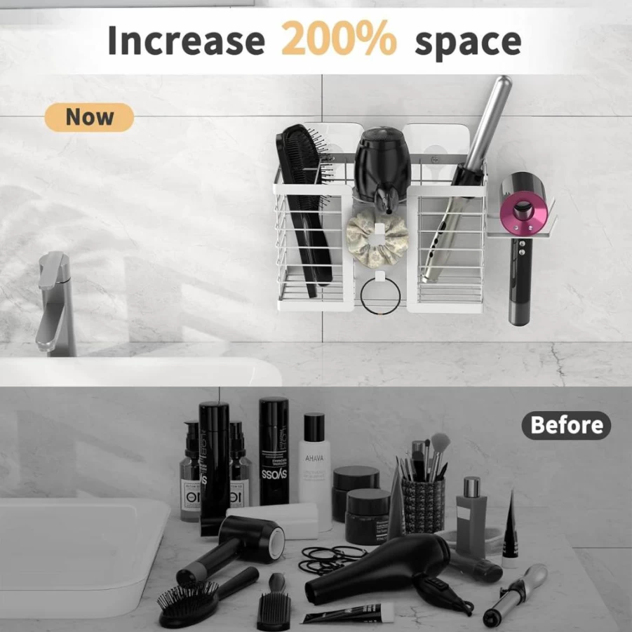 FUNKYLEE 3-in-1 Metal Wall Mount Hair Tool Organizer - Bathroom Storage Holder for Hair Dryer, Flat Iron & Curling Iron, Black