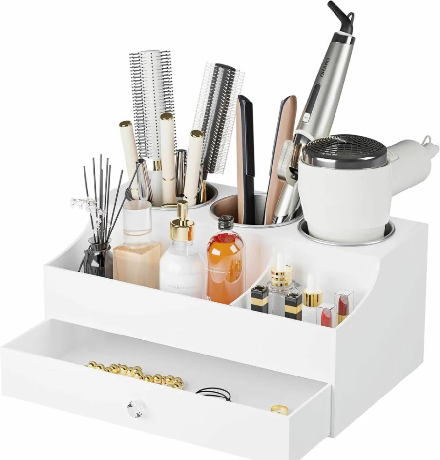Messmenos Acrylic Hair Tool Organizer Stand - Countertop Holder for Blow Dryer, Straightener, Curling Iron & Makeup Accessories, Bathroom Vanity Storage (White)