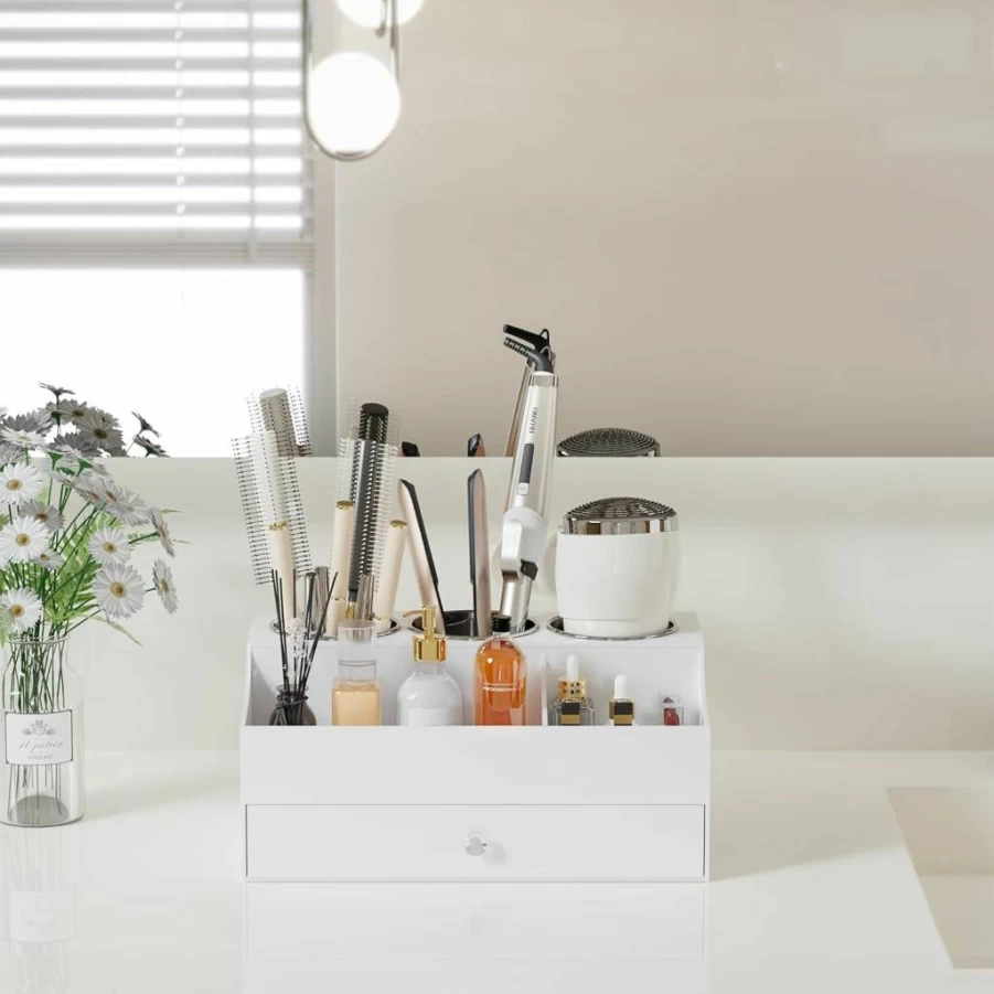 Messmenos Acrylic Hair Tool Organizer Stand - Countertop Holder for Blow Dryer, Straightener, Curling Iron & Makeup Accessories, Bathroom Vanity Storage (White)