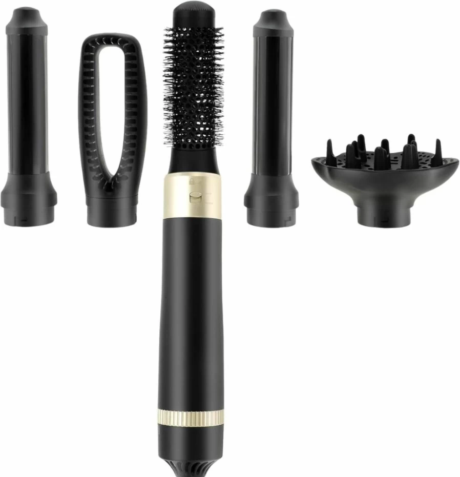 VOCOSTE 5-in-1 Hot Air Brush Hair Styler - Lightweight Blow Dryer & Curling Iron with Attachments for Straightening, Volumizing & Drying, Fast Heating in Champagne