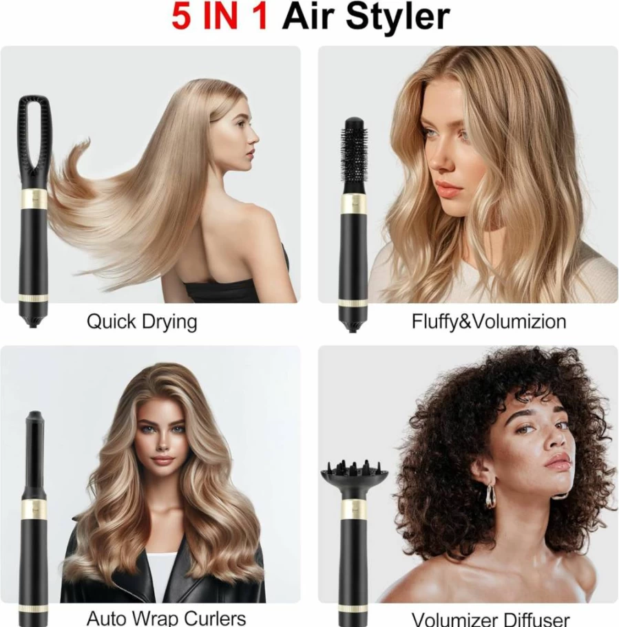 VOCOSTE 5-in-1 Hot Air Brush Hair Styler - Lightweight Blow Dryer & Curling Iron with Attachments for Straightening, Volumizing & Drying, Fast Heating in Champagne