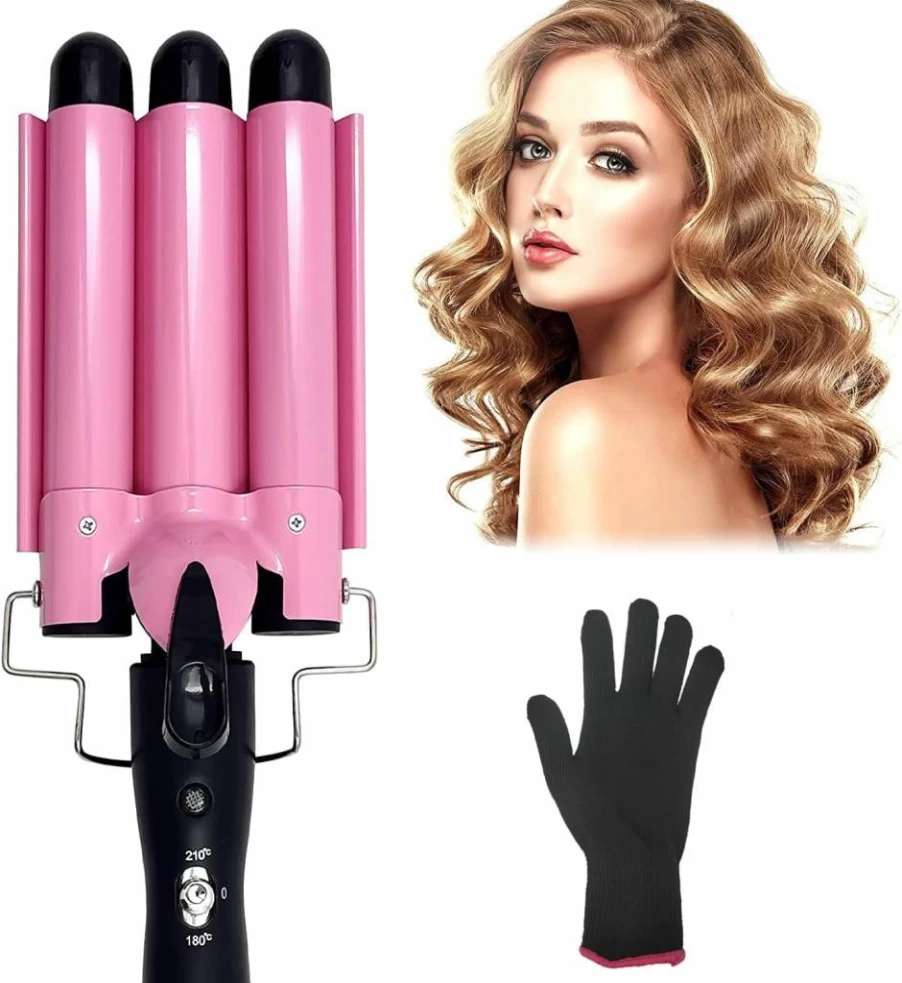 Newlemo 3 Barrel Waver Hair Crimper Iron - 25mm (1 Inch) Ceramic Tourmaline Curling Wand with Adjustable Temperature & Heat Resistant Glove (Pink) for Fast Heating Styling