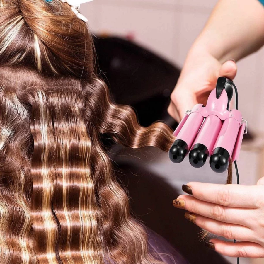 Newlemo 3 Barrel Waver Hair Crimper Iron - 25mm (1 Inch) Ceramic Tourmaline Curling Wand with Adjustable Temperature & Heat Resistant Glove (Pink) for Fast Heating Styling