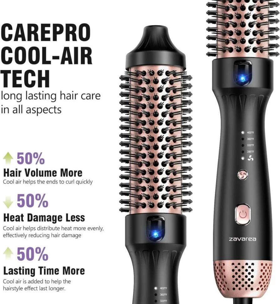 Zavarea 1.5 Inch Negative Ion Thermal Brush for Blowout – Dual Voltage Heated Styler with Cool-Air Tech for Shiny, Smooth Hair